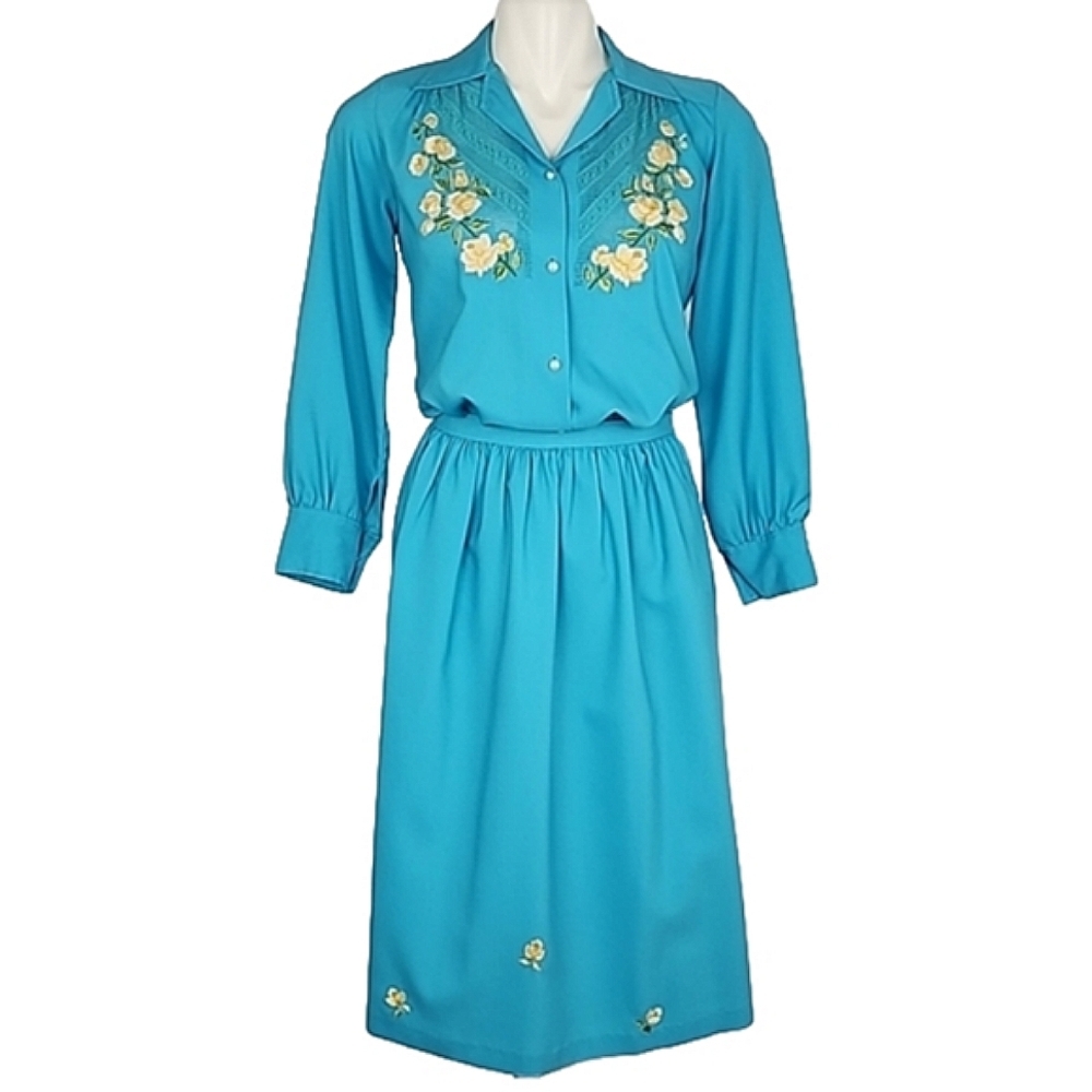 Vintage 70s Handmade Blue Blouse Top Matching Midi Skirt Floral Embroidery Small